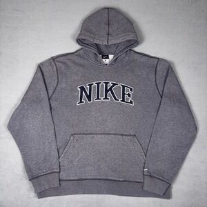 Y2K Nike Spellout Embroidered Arc Logo Hoodie Heather Gray Pullover Mens XL